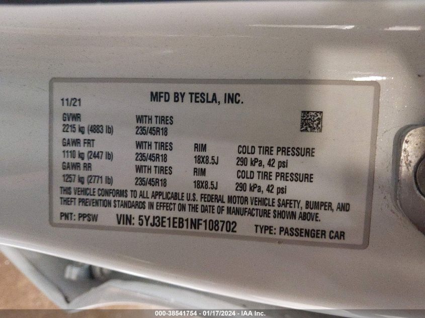 2022 TESLA MODEL 3 LONG RANGE DUAL MOTOR ALL-WHEEL DRIVE - 5YJ3E1EB1NF108702