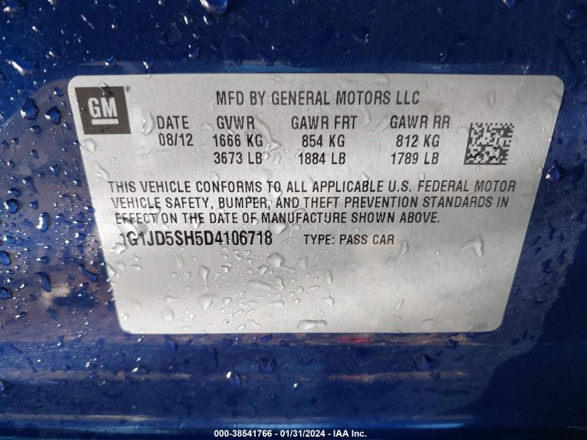 2013 CHEVROLET SONIC LT MANUAL - 1G1JD5SH5D4106718