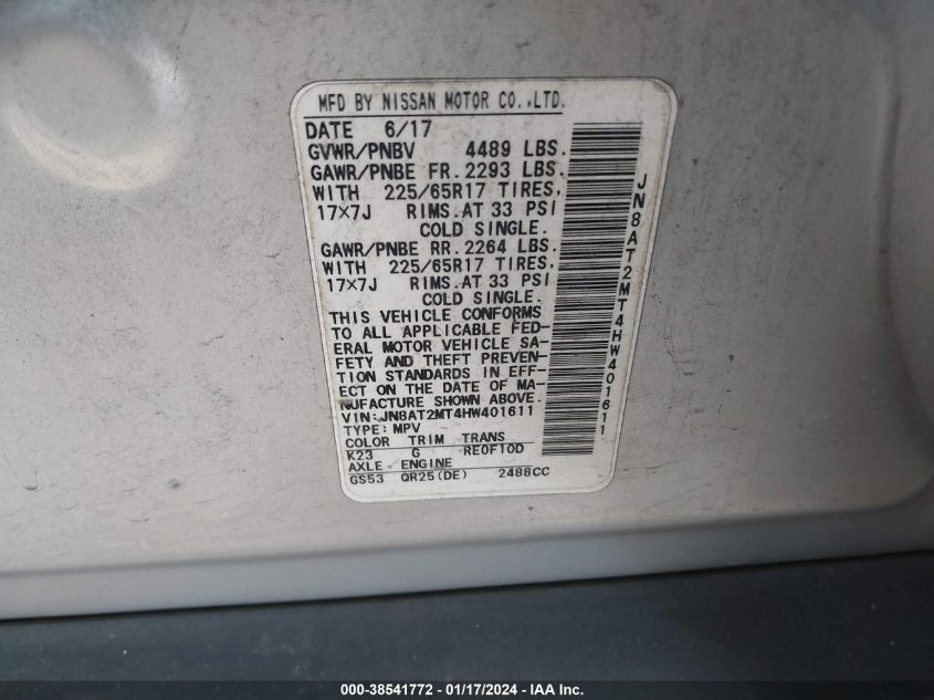 2017 NISSAN ROGUE S - JN8AT2MT4HW401611