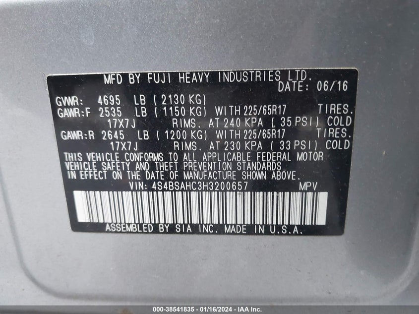 VIN 4S4BSAHC3H3200657 2017 SUBARU OUTBACK 2.5I PREMIUM