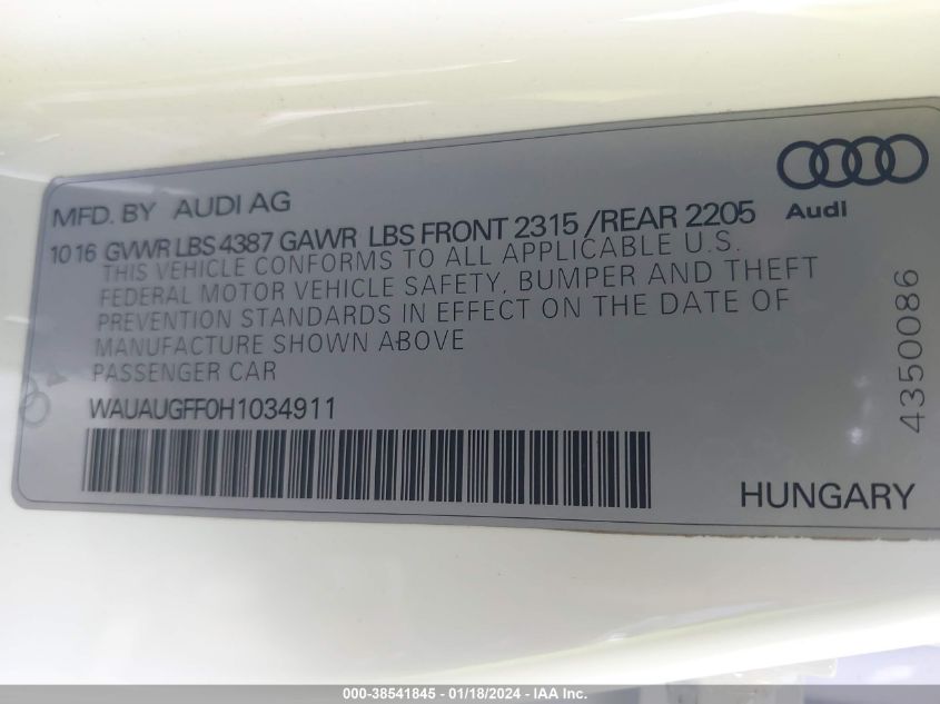 2017 AUDI A3 2.0T PREMIUM - WAUAUGFF0H1034911