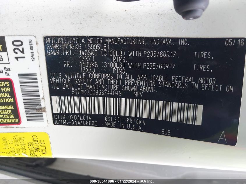 5TDYK3DC8GS744049 2016 TOYOTA SIENNA, photo no. 9