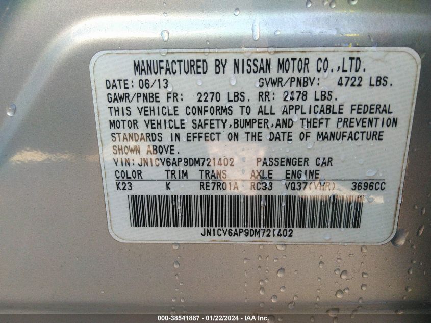 2013 INFINITI G37 JOURNEY JN1CV6AP9DM721402
