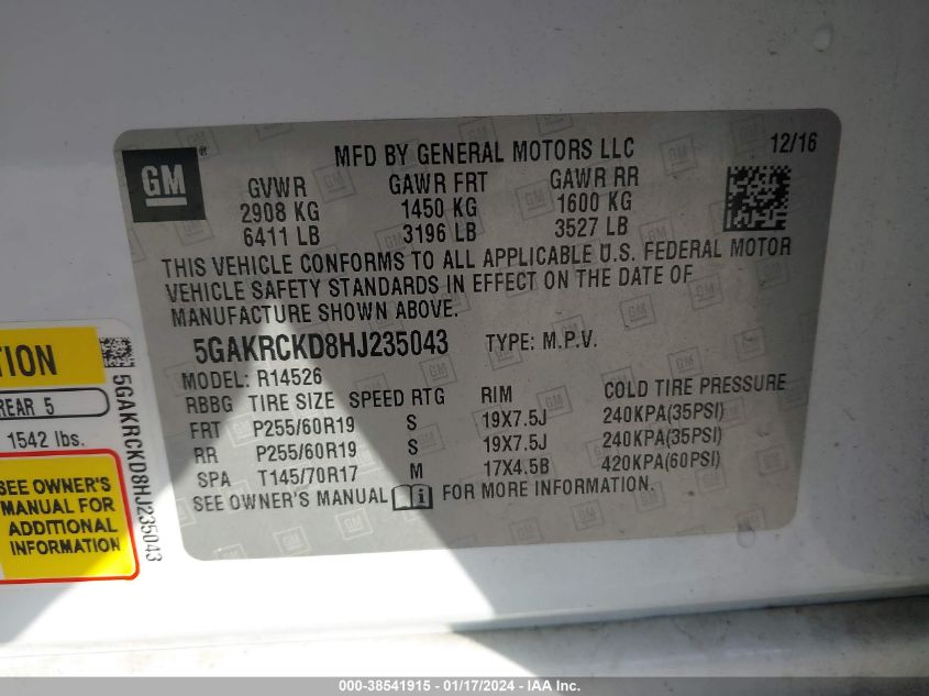2017 BUICK ENCLAVE - 5GAKRCKD8HJ235043