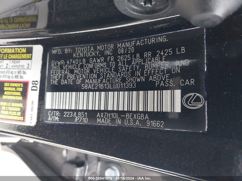 VIN 58AE21B13LU011393 2020 LEXUS ES 300H LUXURY
