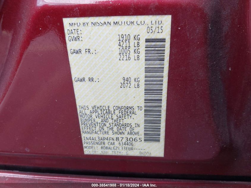 2015 NISSAN ALTIMA 2.5/2.5 S/2.5 SL/2.5 SV - 1N4AL3AP4FN873065