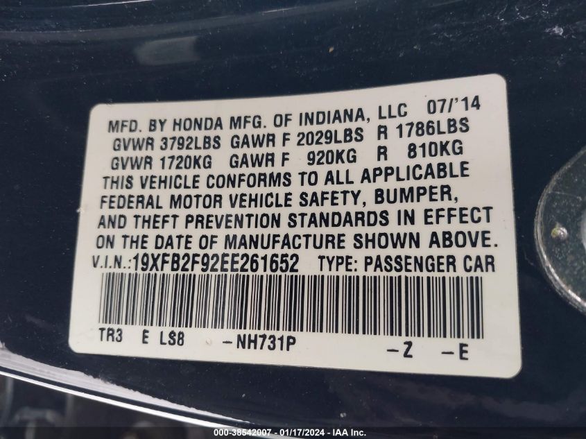 2014 HONDA CIVIC EXL - 19XFB2F92EE261652