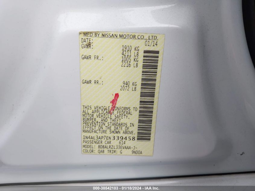 2014 NISSAN ALTIMA 2.5 S - 1N4AL3AP7EN339458