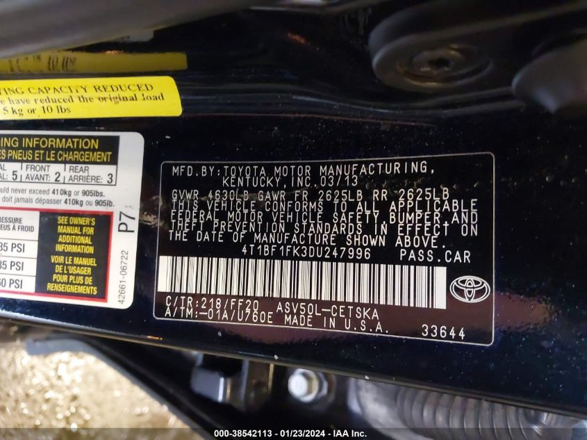 2013 TOYOTA CAMRY L/SE/LE/XLE - 4T1BF1FK3DU247996