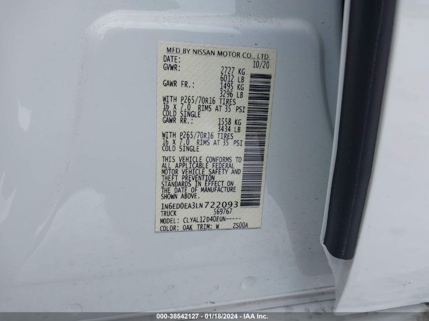2020 NISSAN FRONTIER S 4X2 - 1N6ED0EA3LN722093