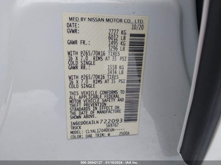2020 NISSAN FRONTIER S 4X2 - 1N6ED0EA3LN722093
