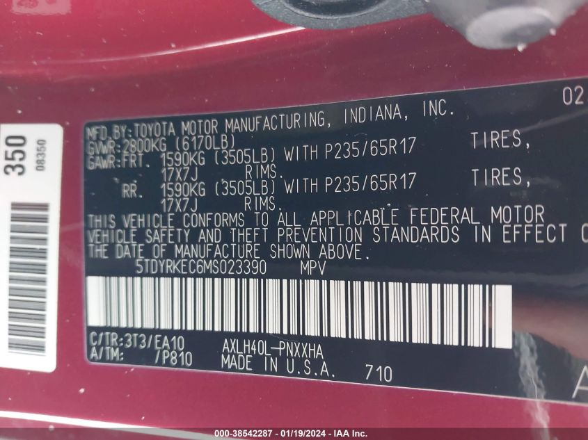 2021 TOYOTA SIENNA XLE - 5TDYRKEC6MS023390