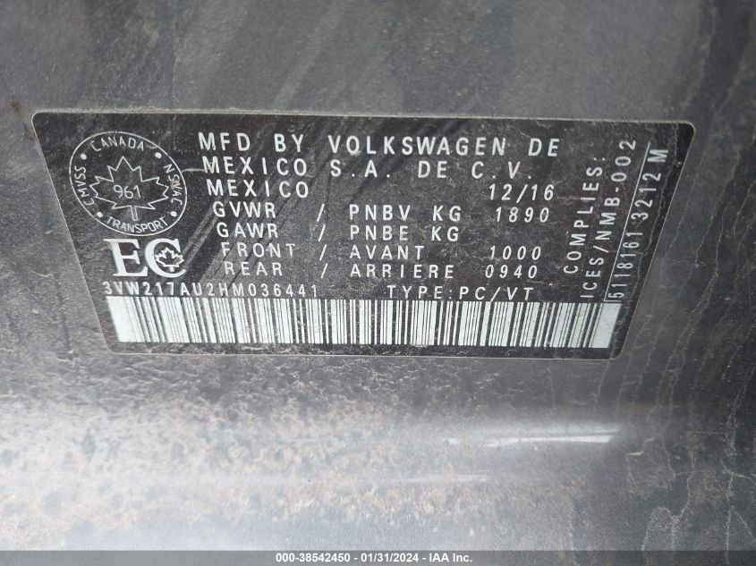 2017 VOLKSWAGEN GOLF - 3VW217AU2HM036441