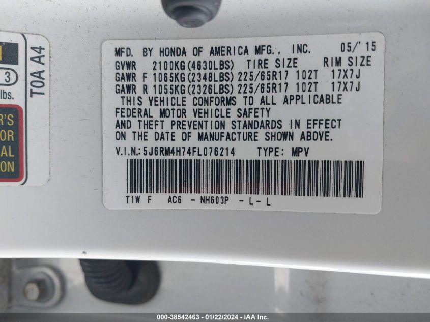 2015 HONDA CR-V EX-L - 5J6RM4H74FL076214