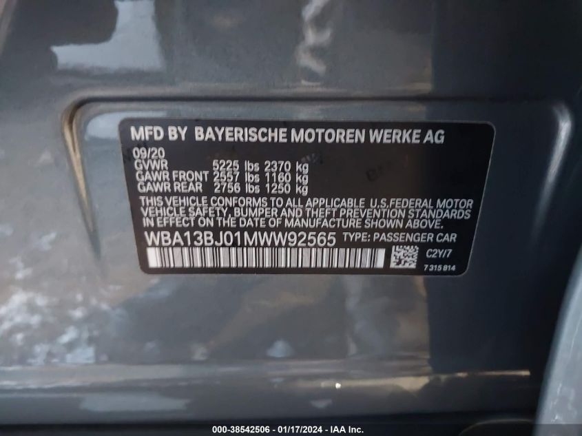 2021 BMW 530I XDRIVE WBA13BJ01MWW92565