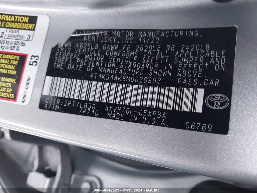2021 TOYOTA CAMRY XSE - 4T1K31AK8MU020903