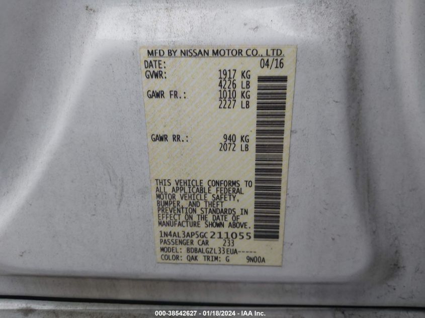 2016 NISSAN ALTIMA 2.5/2.5 S/2.5 SL/2.5 SR/2.5 SV - 1N4AL3AP5GC211055