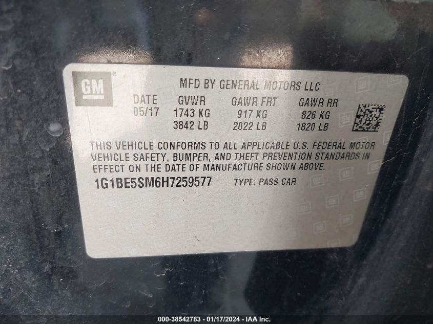 2017 CHEVROLET CRUZE LT - 1G1BE5SM6H7259577