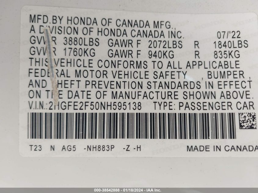 2022 HONDA CIVIC SPORT - 2HGFE2F50NH595138