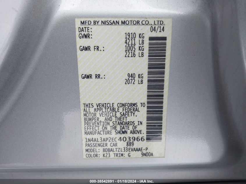 2014 NISSAN ALTIMA 2.5 SV - 1N4AL3AP2EC403966