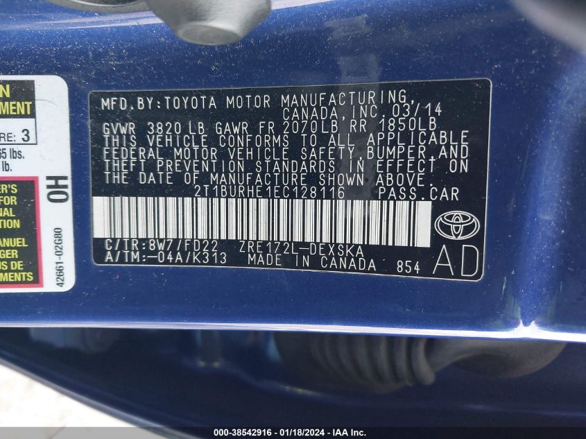 2014 TOYOTA COROLLA S PLUS - 2T1BURHE1EC128116