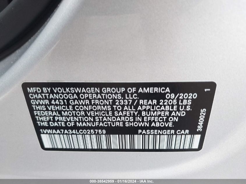 2020 VOLKSWAGEN PASSAT 2.0T S - 1VWAA7A34LC025759