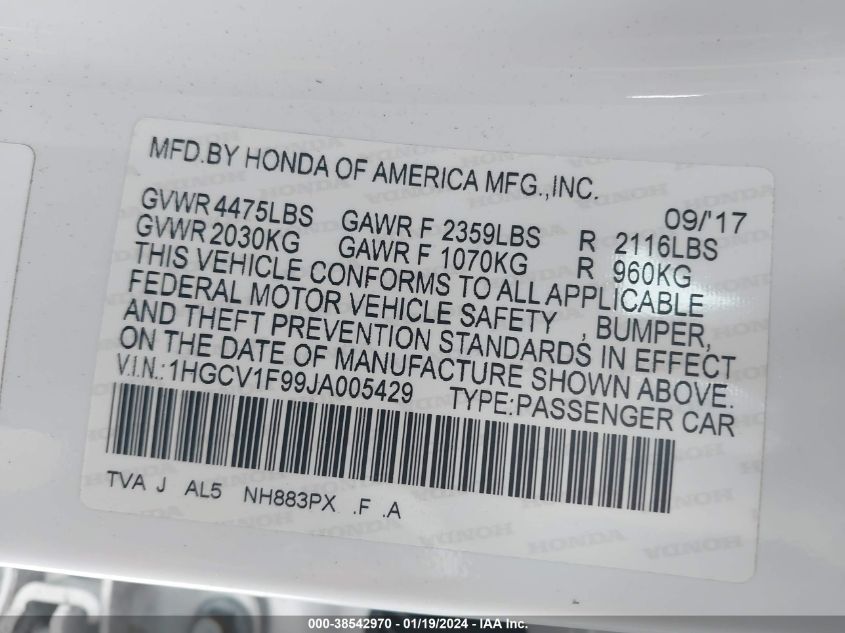 2018 HONDA ACCORD TOURING - 1HGCV1F99JA005429