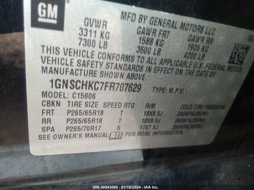 2015 CHEVROLET SUBURBAN 1500 LS - 1GNSCHKC7FR707629