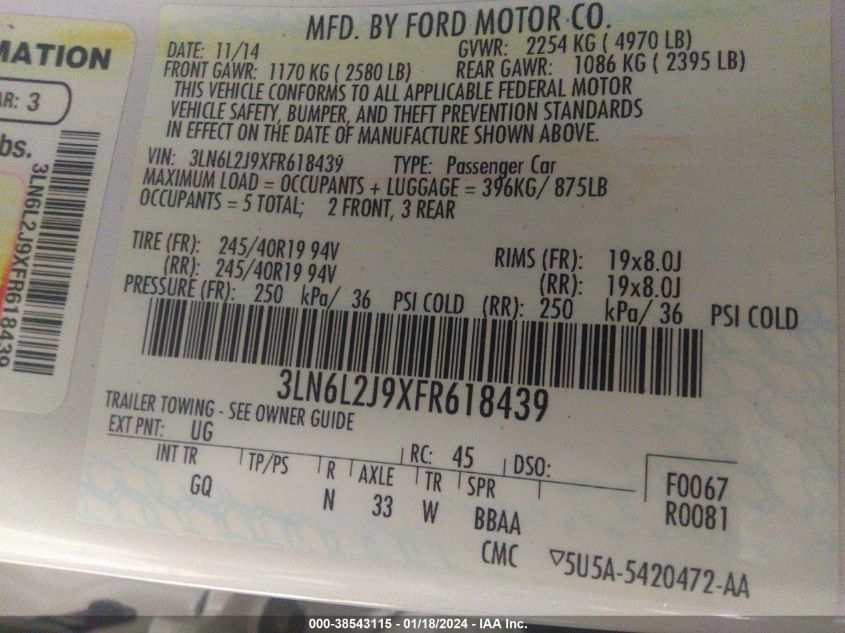 2015 LINCOLN MKZ - 3LN6L2J9XFR618439
