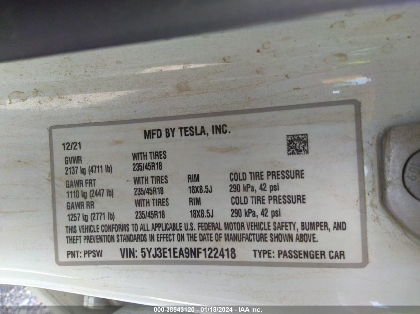 2022 TESLA MODEL 3 REAR-WHEEL DRIVE - 5YJ3E1EA9NF122418