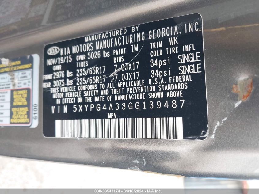 2016 KIA SORENTO 2.4L L - 5XYPG4A33GG139487