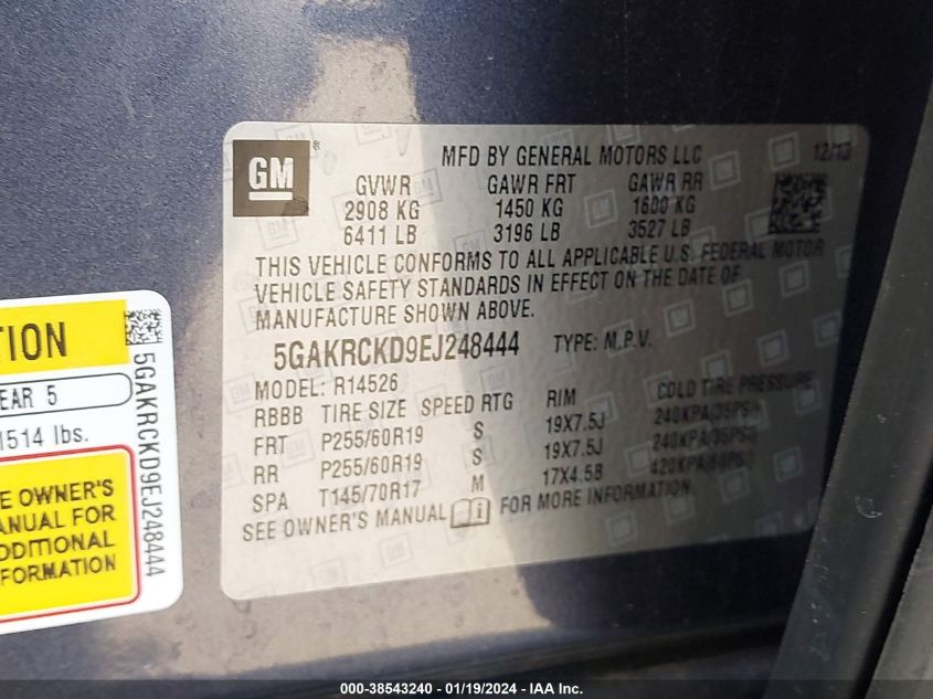 2014 BUICK ENCLAVE PREMIUM - 5GAKRCKD9EJ248444