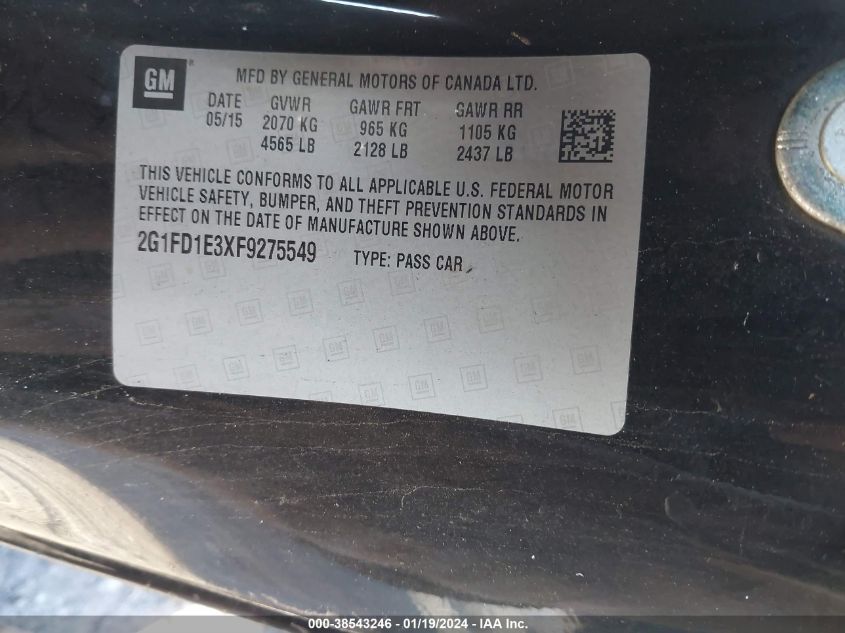 2015 CHEVROLET CAMARO 1LT - 2G1FD1E3XF9275549