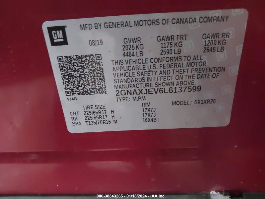 2020 CHEVROLET EQUINOX FWD 2FL - 2GNAXJEV6L6137599