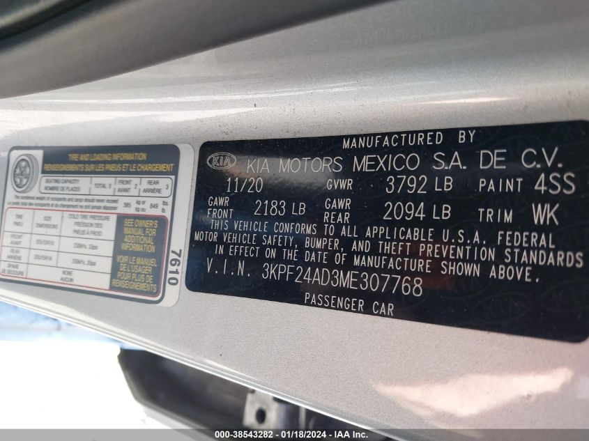 2021 KIA FORTE LXS - 3KPF24AD3ME307768