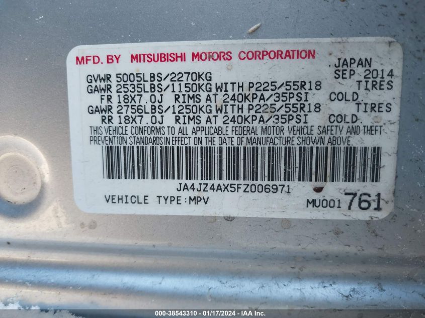 2015 MITSUBISHI OUTLANDER GT - JA4JZ4AX5FZ006971