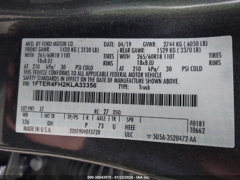 2019 FORD RANGER XL/XLT/LARIAT - 1FTER4FH2KLA33356