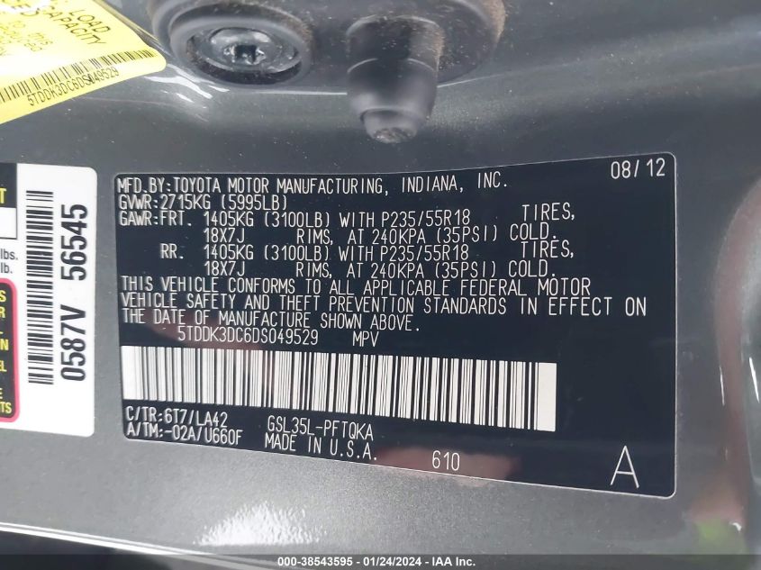 2013 TOYOTA SIENNA LIMITED 7 PASSENGER - 5TDDK3DC6DS049529