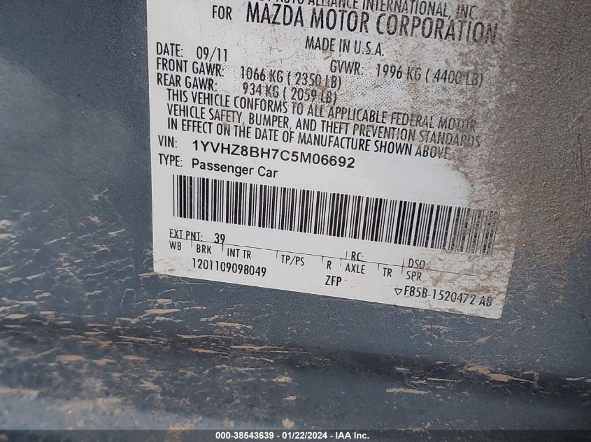 1YVHZ8BH7C5M06692 | 2012 MAZDA MAZDA6