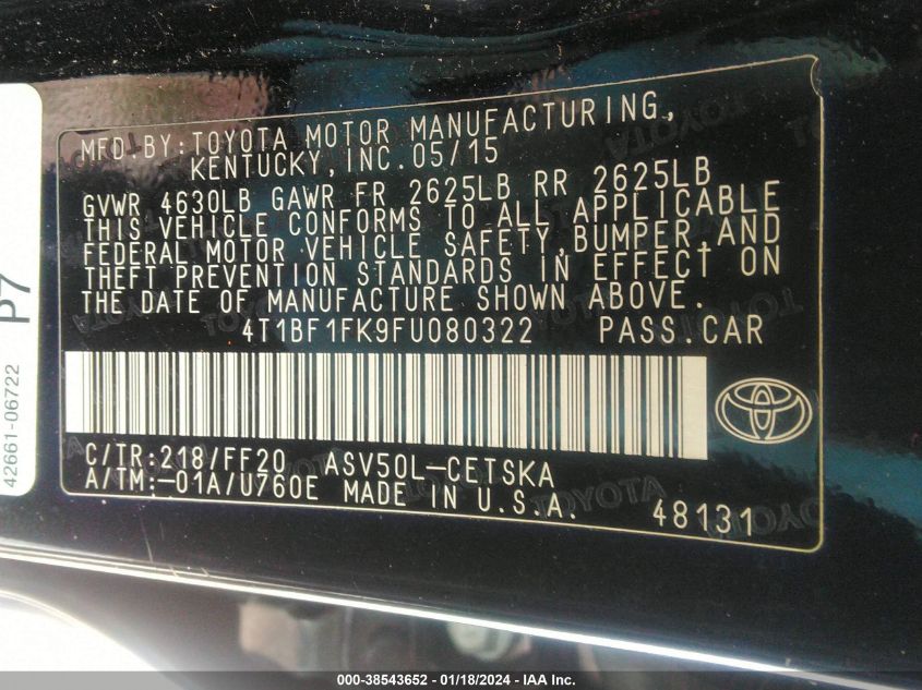 2015 TOYOTA CAMRY SE - 4T1BF1FK9FU080322