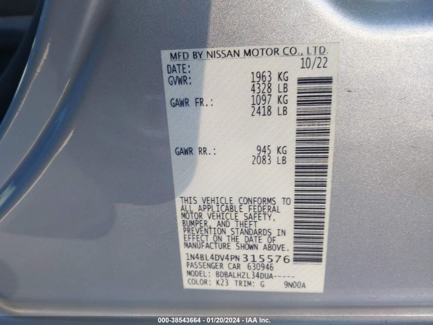 2023 NISSAN ALTIMA SV - 1N4BL4DV4PN315576