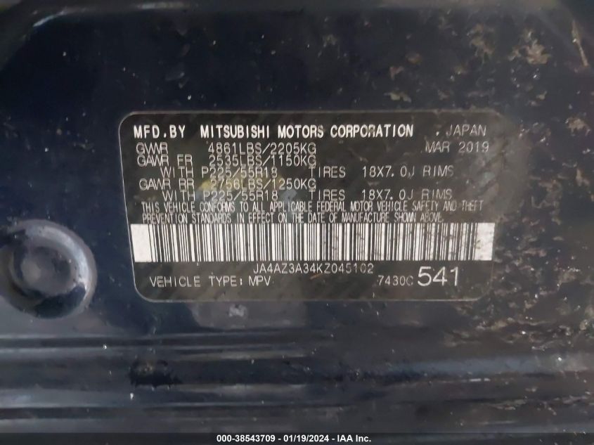 2019 MITSUBISHI OUTLANDER SE - JA4AZ3A34KZ045102