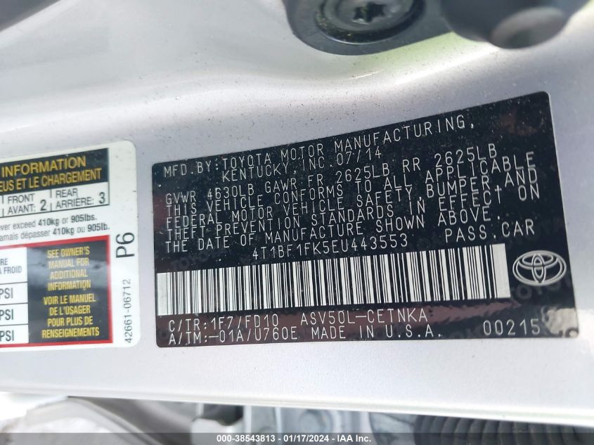 2014 TOYOTA CAMRY L/SE/LE/XLE - 4T1BF1FK5EU443553