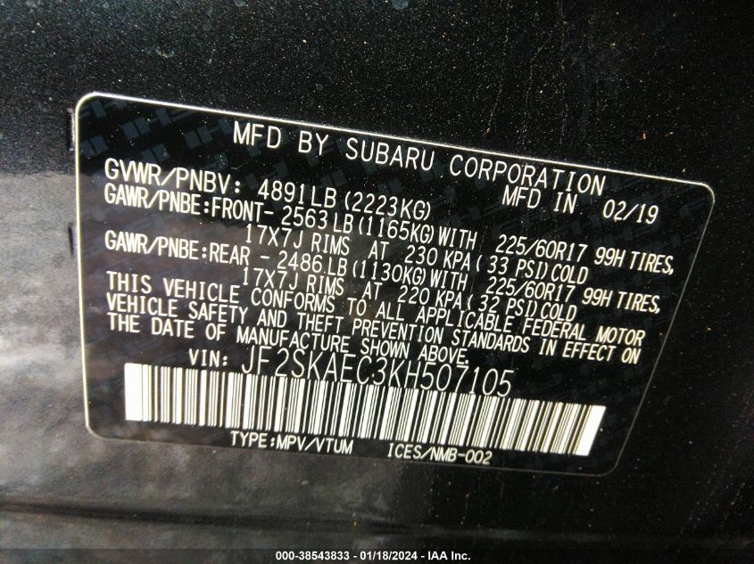 2019 SUBARU FORESTER PREMIUM - JF2SKAEC3KH507105