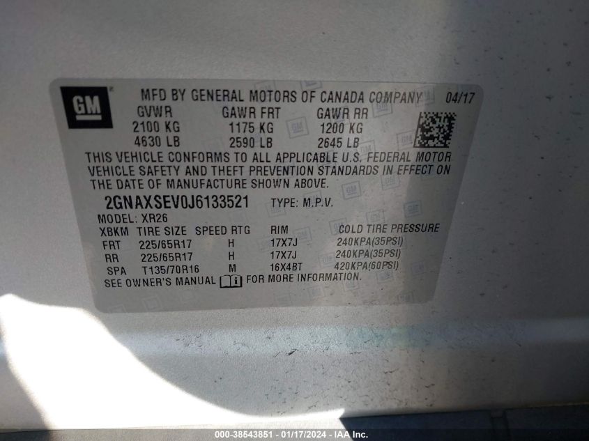 2018 CHEVROLET EQUINOX LT - 2GNAXSEV0J6133521