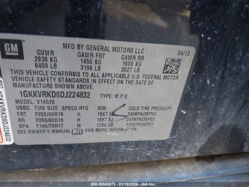 2013 GMC ACADIA SLT - 1GKKVRKD8DJ224832