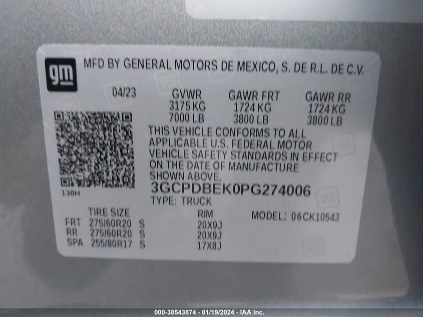 2023 CHEVROLET SILVERADO 1500 2.7L I-4 DI, DOHC, V(VIN: 3GCPDBEK0PG274006