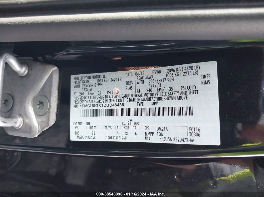 2013 FORD ESCAPE SE - 1FMCU0GX1DUD48436