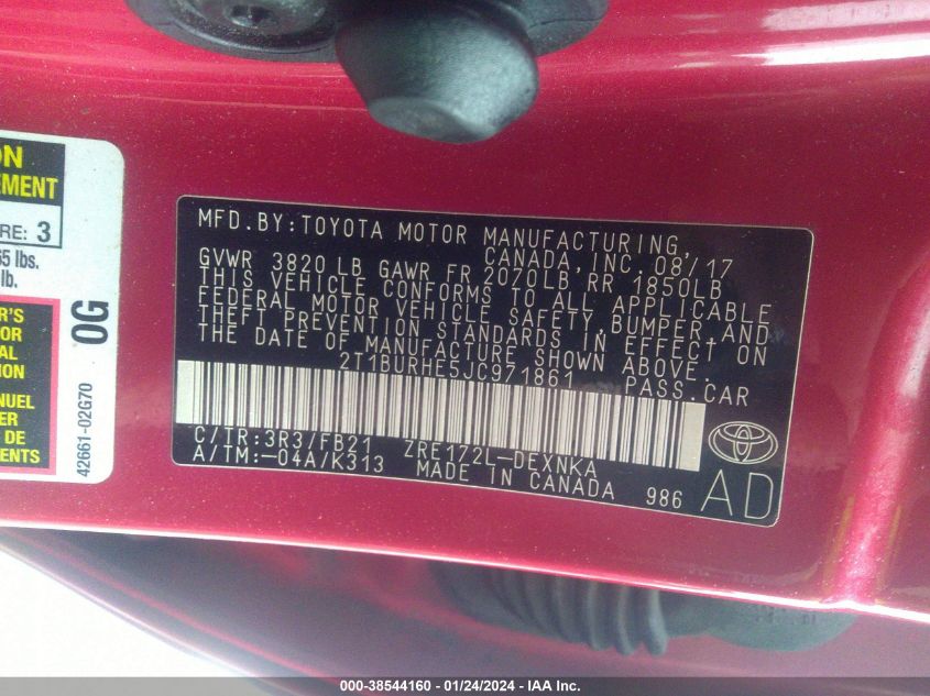 2018 TOYOTA COROLLA LE - 2T1BURHE5JC971861