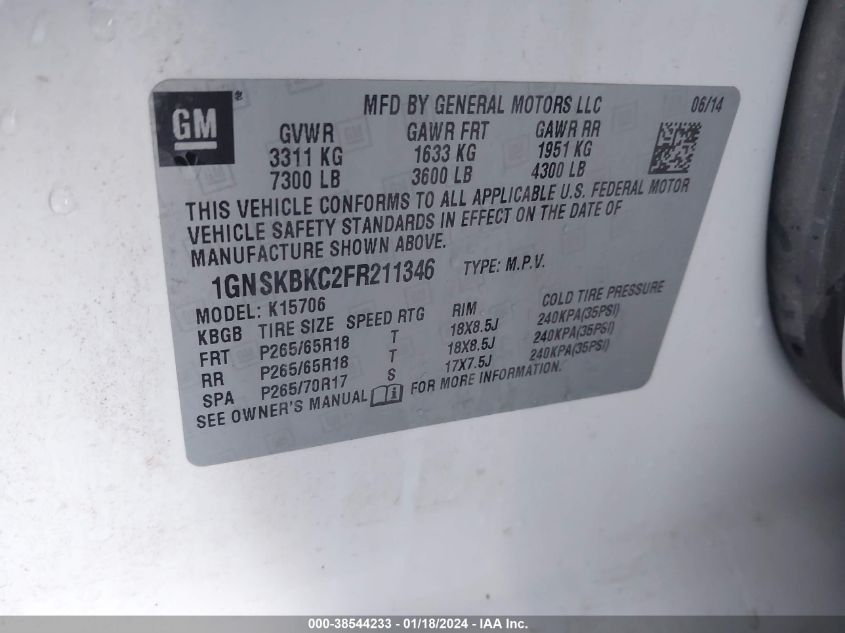 2015 CHEVROLET TAHOE LT - 1GNSKBKC2FR211346
